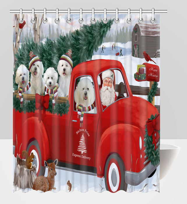 Christmas Santa Express Delivery Red Truck Bichon Frise Dogs Shower Curtain