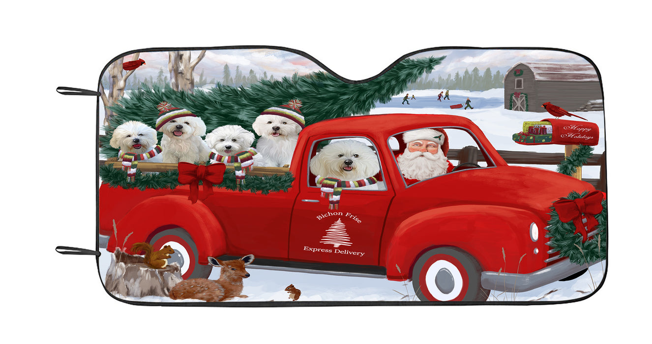 Christmas Santa Express Delivery Red Truck Bichon Frise Dogs Car Sun Shade