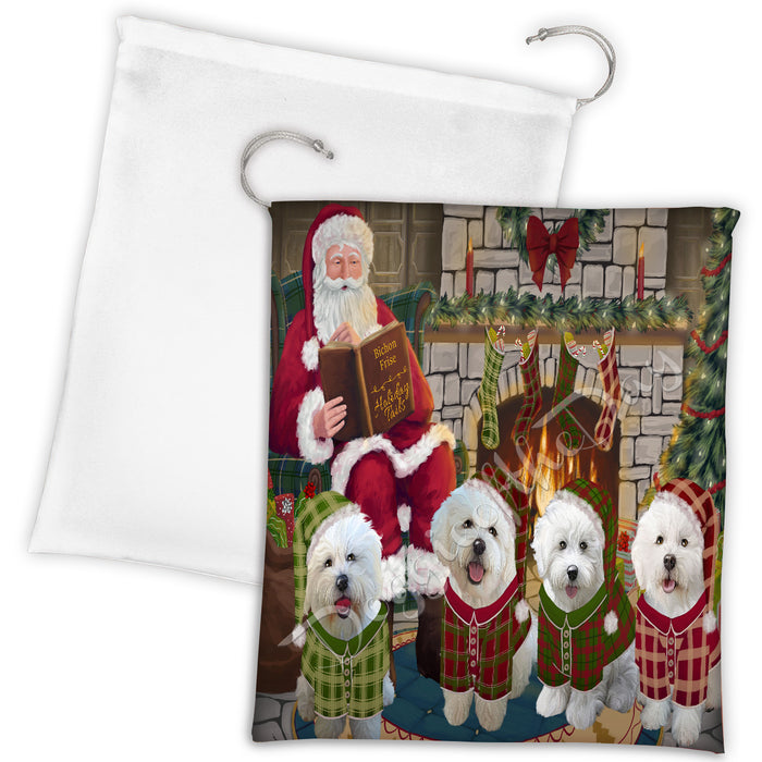 Christmas Cozy Holiday Fire Tails Bichon Frise Dogs Drawstring Laundry or Gift Bag LGB48475