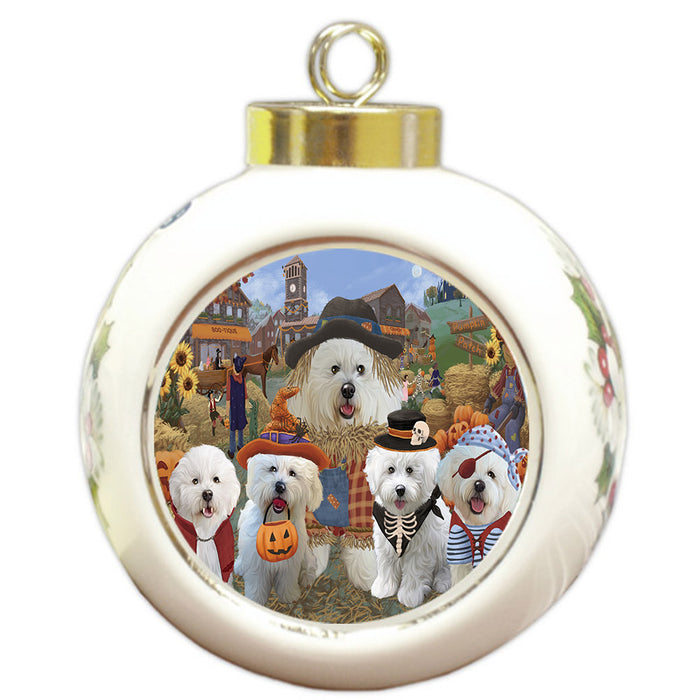 Halloween 'Round Town And Fall Pumpkin Scarecrow Both Bichon Frise Dogs Round Ball Christmas Ornament RBPOR57377