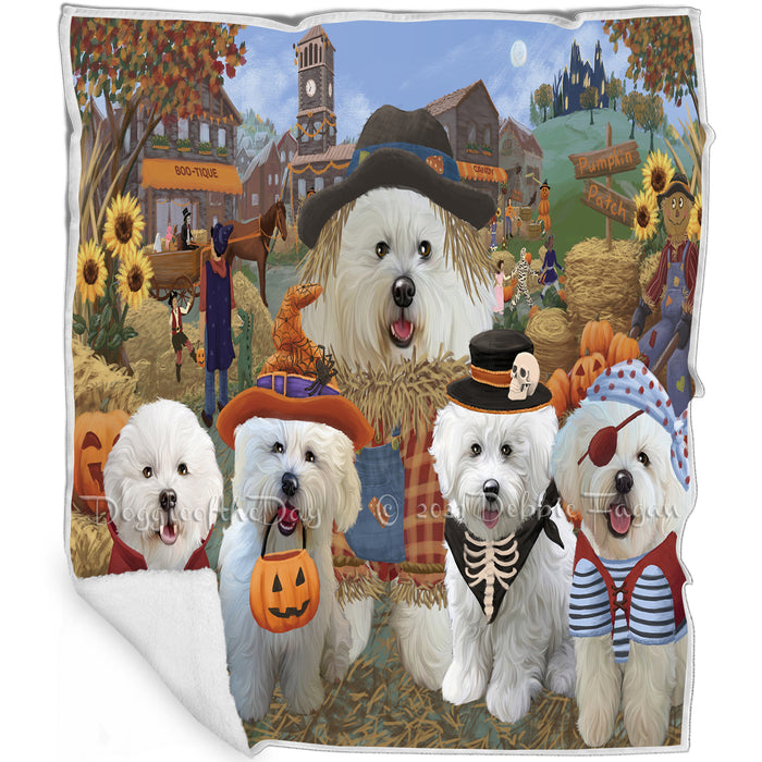 Halloween 'Round Town And Fall Pumpkin Scarecrow Both Bichon Frise Dogs Blanket BLNKT138719