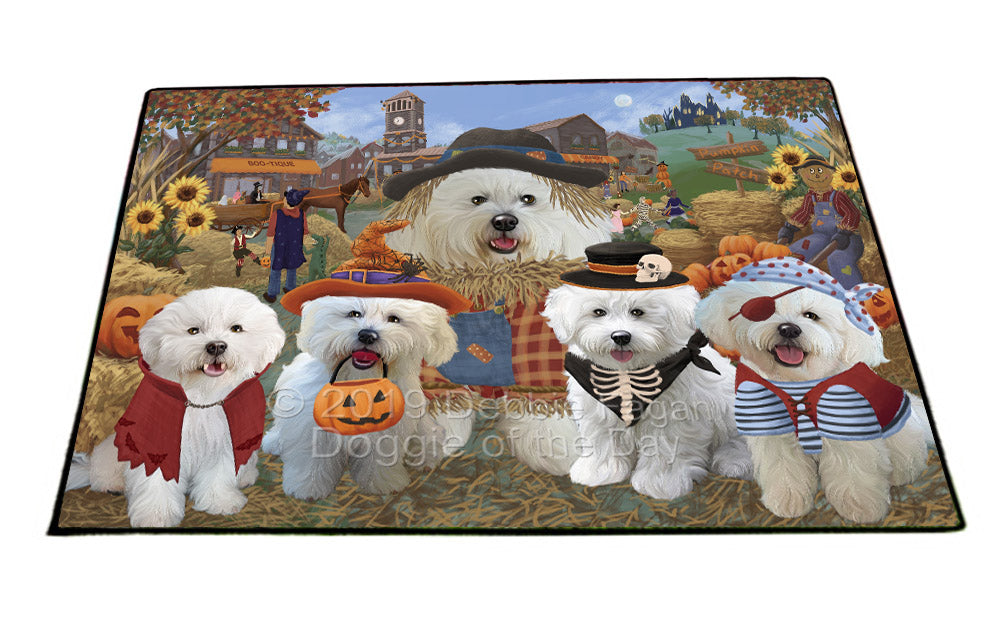 Halloween 'Round Town And Fall Pumpkin Scarecrow Both Bichon Frise Dogs Floormat FLMS53864