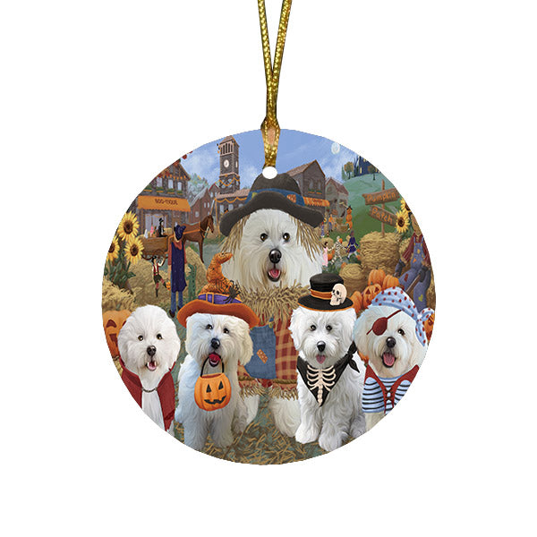 Halloween 'Round Town And Fall Pumpkin Scarecrow Both Bichon Frise Dogs Round Flat Christmas Ornament RFPOR57377