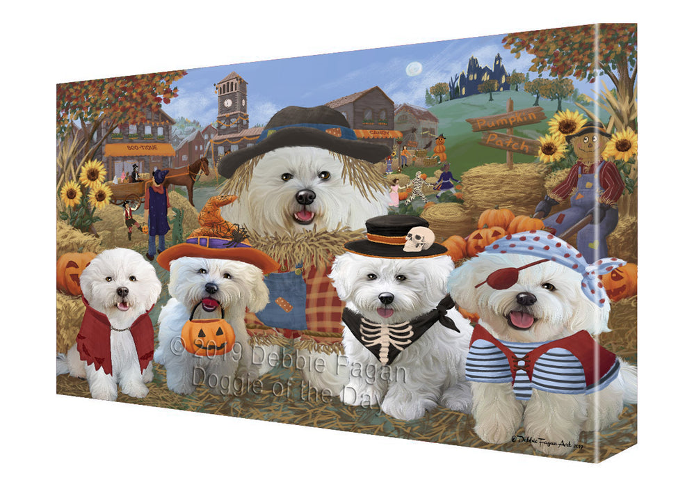 Halloween 'Round Town And Fall Pumpkin Scarecrow Both Bichon Frise Dogs Canvas Print Wall Art Décor CVS139346