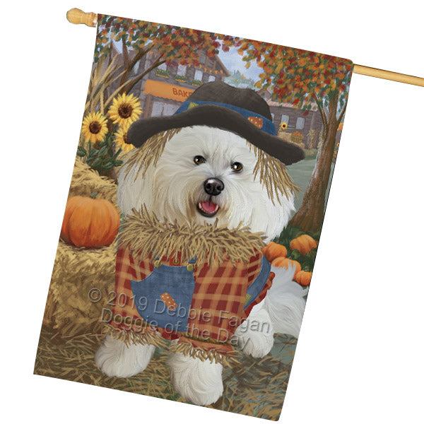 Halloween 'Round Town And Fall Pumpkin Scarecrow Both Bichon Frise Dogs House Flag FLG65690
