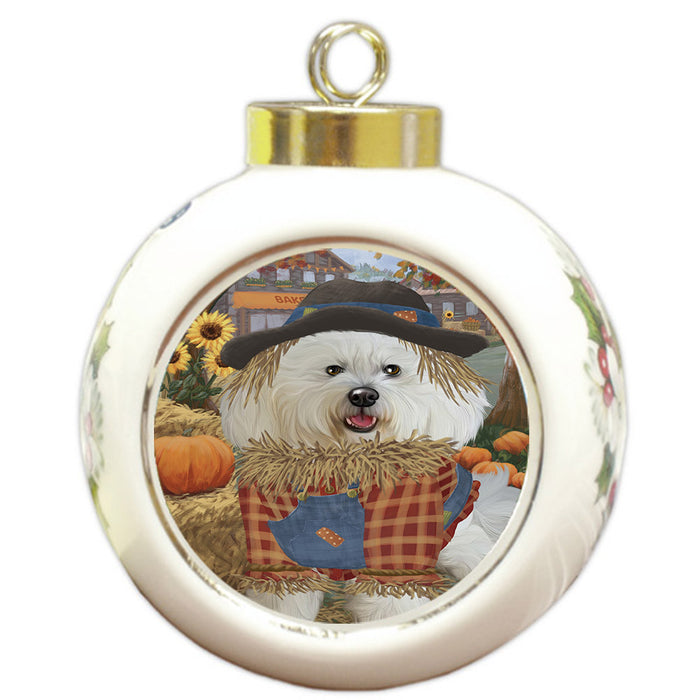 Halloween 'Round Town And Fall Pumpkin Scarecrow Both Bichon Frise Dogs Round Ball Christmas Ornament RBPOR57438