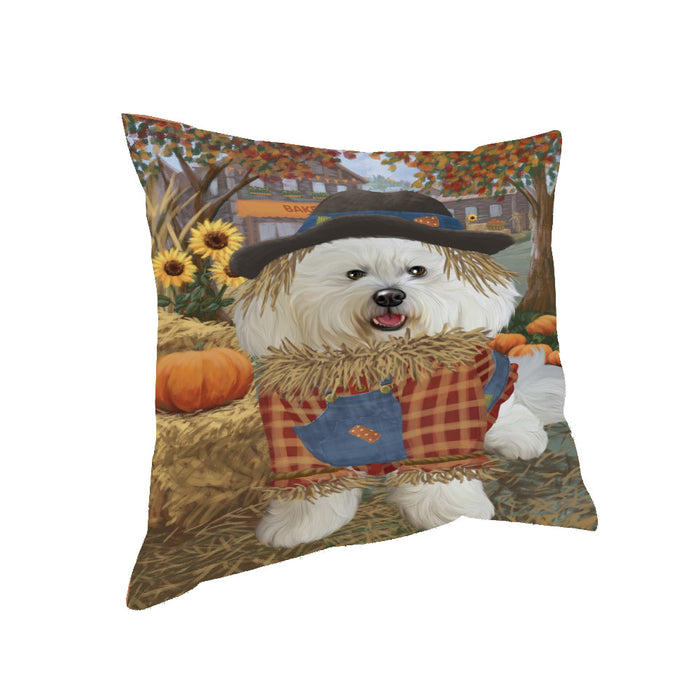 Halloween 'Round Town And Fall Pumpkin Scarecrow Both Bichon Frise Dogs Pillow PIL82536