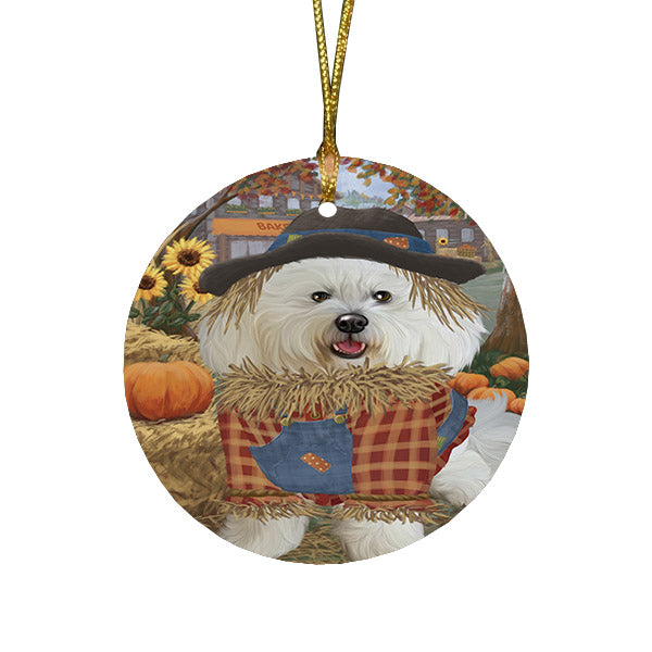 Halloween 'Round Town And Fall Pumpkin Scarecrow Both Bichon Frise Dogs Round Flat Christmas Ornament RFPOR57438