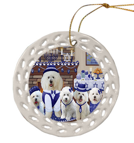 Happy Hanukkah Family Bichon Frise Dogs Ceramic Doily Ornament DPOR57595