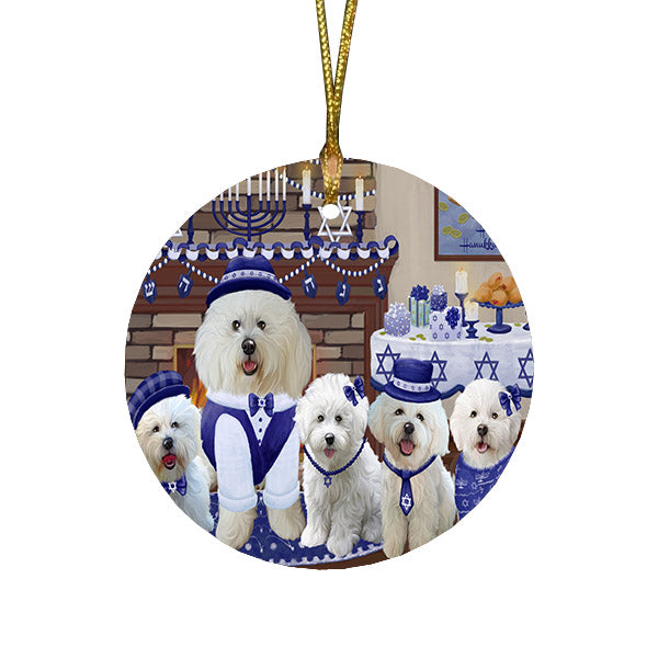 Happy Hanukkah Family and Happy Hanukkah Both Bichon Frise Dogs Round Flat Christmas Ornament RFPOR57499
