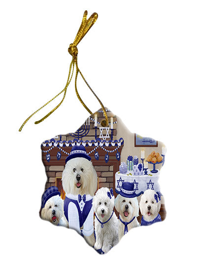 Happy Hanukkah Family Bichon Frise Dogs Star Porcelain Ornament SPOR57595