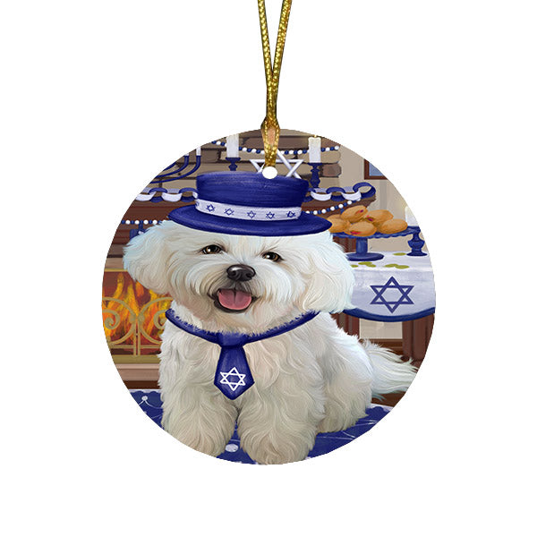 Happy Hanukkah Family and Happy Hanukkah Both Bichon Frise Dog Round Flat Christmas Ornament RFPOR57555