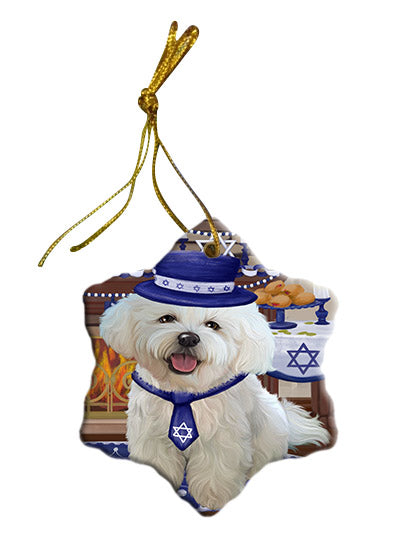 Happy Hanukkah Bichon Frise Dog Star Porcelain Ornament SPOR57651