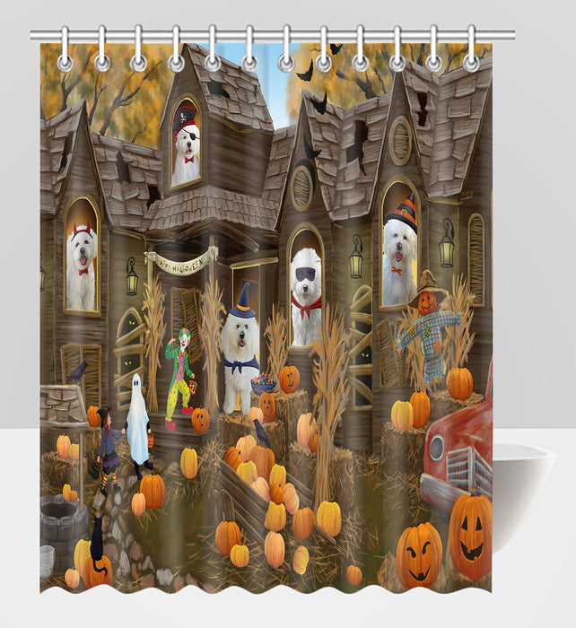 Haunted House Halloween Trick or Treat Bichon Frise Dogs Shower Curtain