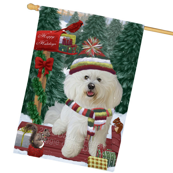 Christmas Woodland Sled Bichon Frise Dog House Flag Outdoor Decorative Double Sided Pet Portrait Weather Resistant Premium Quality Animal Printed Home Decorative Flags 100% Polyester FLG69555