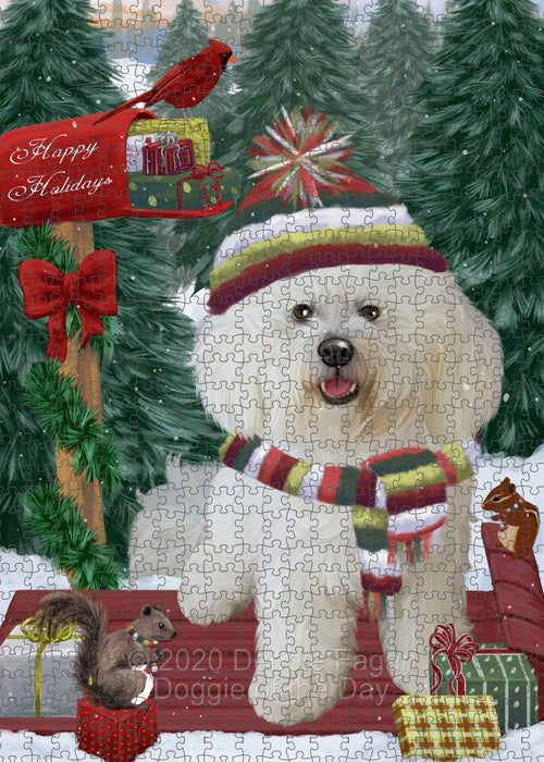 Christmas Woodland Sled Bichon Frise Dog Portrait Jigsaw Puzzle for Adults Animal Interlocking Puzzle Game Unique Gift for Dog Lover's with Metal Tin Box PZL878