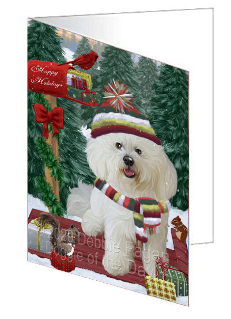Christmas Woodland Sled Bichon Frise Dog Handmade Artwork Assorted Pets Greeting Cards and Note Cards with Envelopes for All Occasions and Holiday Seasons