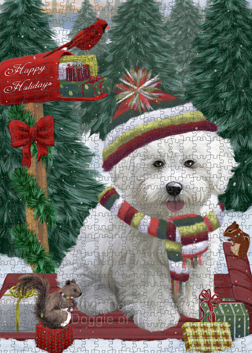Christmas Woodland Sled Bichon Frise Dog Portrait Jigsaw Puzzle for Adults Animal Interlocking Puzzle Game Unique Gift for Dog Lover's with Metal Tin Box PZL879