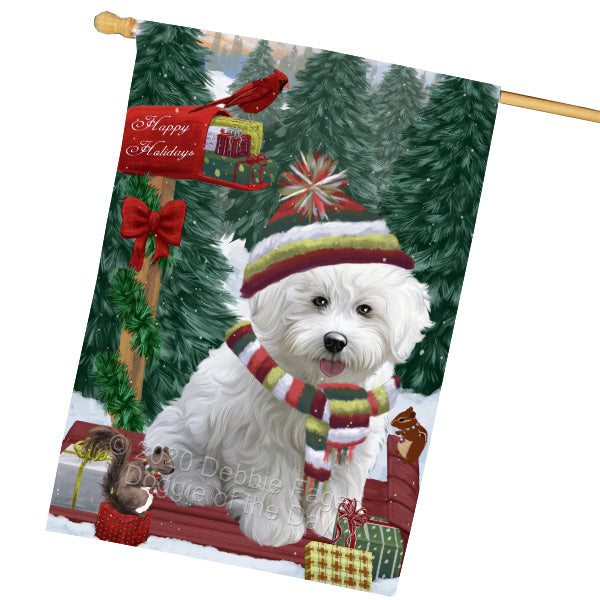 Christmas Woodland Sled Bichon Frise Dog House Flag Outdoor Decorative Double Sided Pet Portrait Weather Resistant Premium Quality Animal Printed Home Decorative Flags 100% Polyester FLG69556
