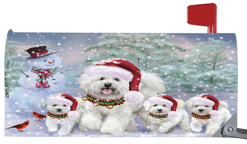 Christmas Running Family Bichon Frise Dogs Magnetic Mailbox Cover Both Sides Pet Theme Printed Decorative Letter Box Wrap Case Postbox Thick Magnetic Vinyl Material