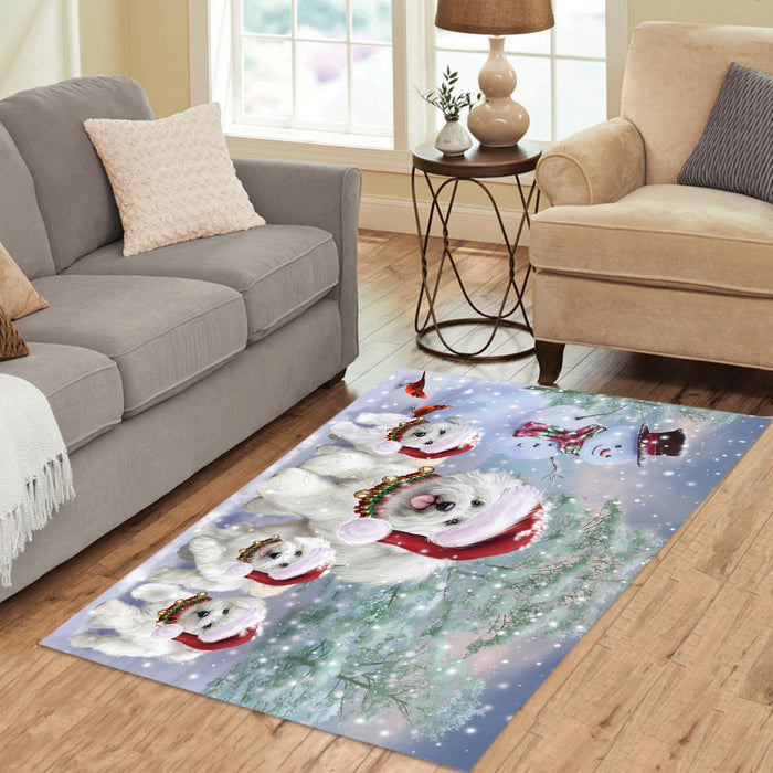 Christmas Running Fammily Bichon Frise Dogs Area Rug