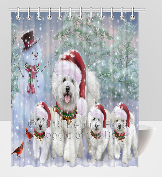 Christmas Running Fammily Bichon Frise Dogs Shower Curtain