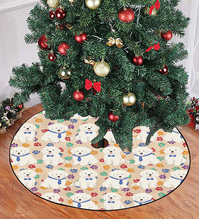 Rainbow Paw Print Bichon Frise Dogs Blue Christmas Tree Skirt