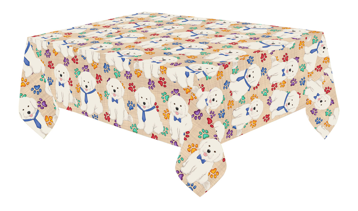 Rainbow Paw Print Bichon Frise Dogs Blue Cotton Linen Tablecloth