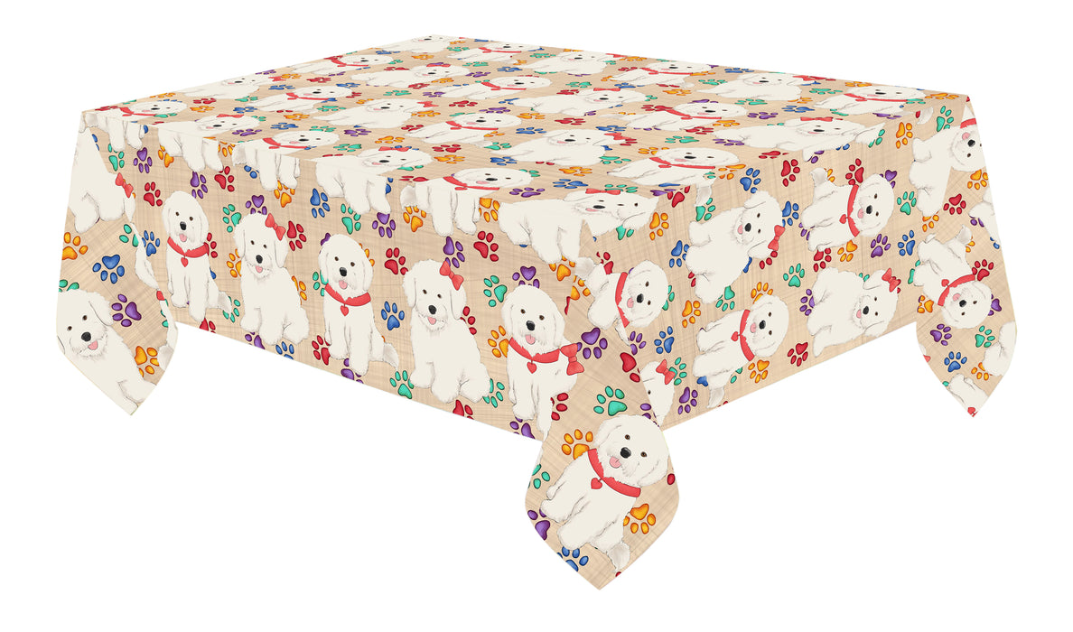 Rainbow Paw Print Bichon Frise Dogs Red Cotton Linen Tablecloth