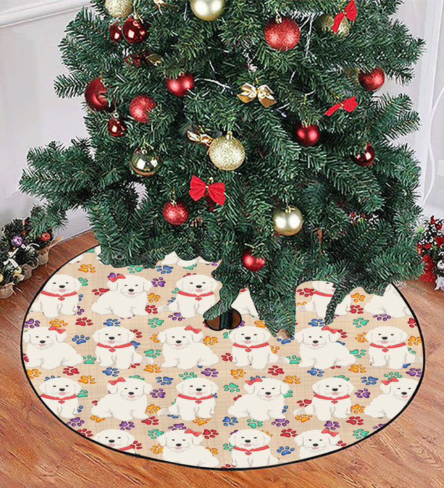 Rainbow Paw Print Bichon Frise Dogs Red Christmas Tree Skirt