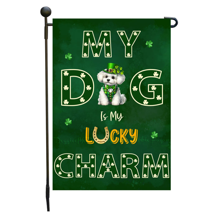 St. Patrick's Day Bichon Frise Irish Dog Garden Flags with Lucky Charm Design - Double Sided Yard Garden Festival Decorative Gift - Holiday Dogs Flag Decor 12 1/2"w x 18"h