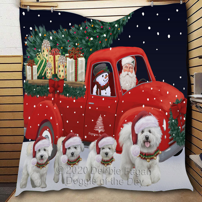Christmas Express Delivery Red Truck Running Bichon Frise Dogs Lightweight Soft Bedspread Coverlet Bedding Quilt QUILT59801