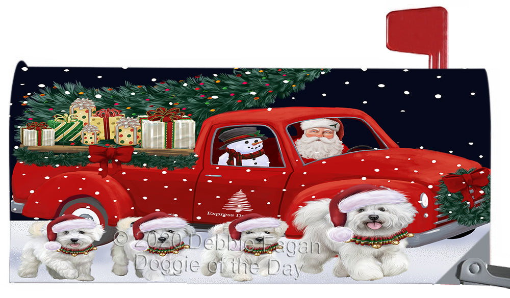Christmas Express Delivery Red Truck Running Bichon Frise Dog Magnetic Mailbox Cover Both Sides Pet Theme Printed Decorative Letter Box Wrap Case Postbox Thick Magnetic Vinyl Material