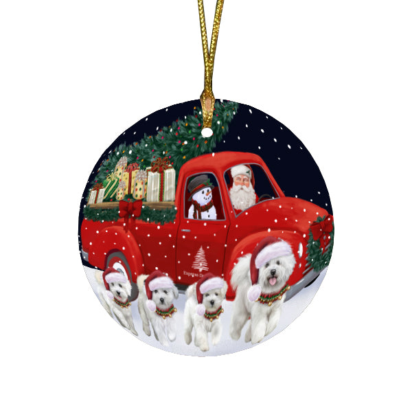 Christmas Express Delivery Red Truck Running Bichon Frise Dogs Round Flat Christmas Ornament RFPOR57728