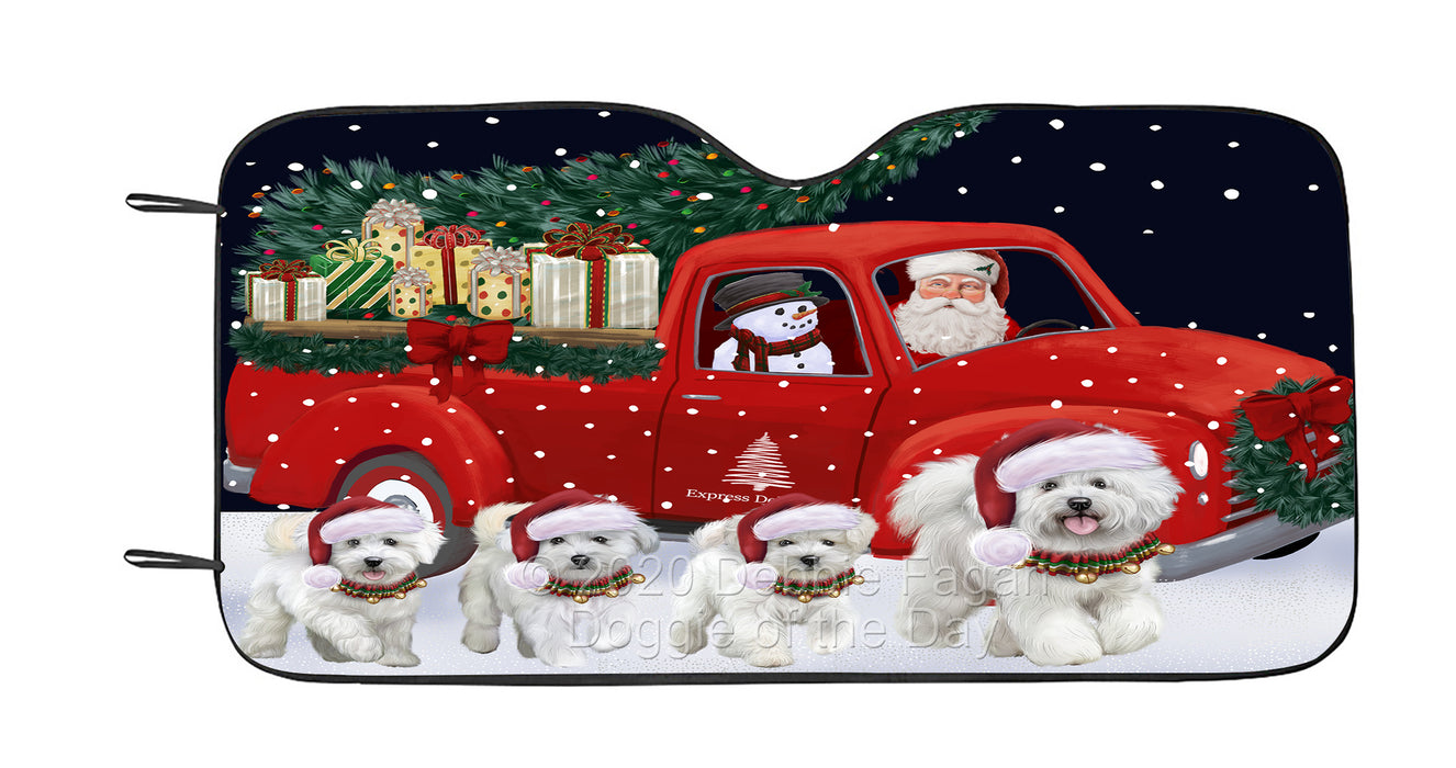 Christmas Express Delivery Red Truck Running Bichon Frise Dog Car Sun Shade Cover Curtain
