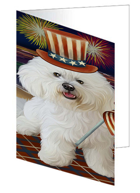 4th of July Independence Day Firework Bichon Frise Dog Handmade Artwork Assorted Pets Greeting Cards and Note Cards with Envelopes for All Occasions and Holiday Seasons GCD52844