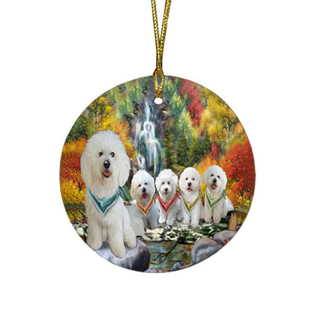 Scenic Waterfall Bichon Frises Dog Round Flat Christmas Ornament RFPOR49690