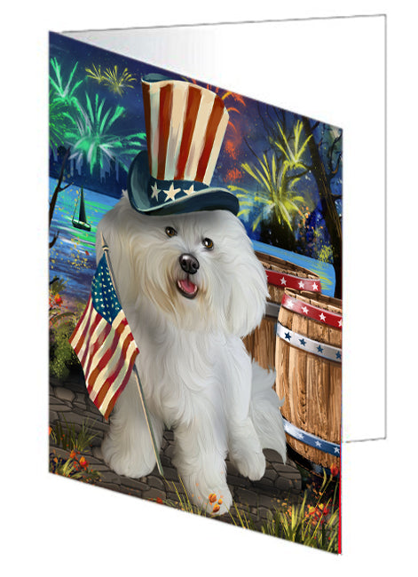 4th of July Independence Day Fireworks Bichon Frise Dog at the Lake Handmade Artwork Assorted Pets Greeting Cards and Note Cards with Envelopes for All Occasions and Holiday Seasons GCD56810