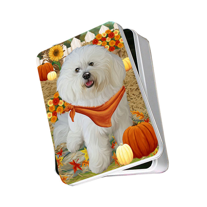 Fall Autumn Greeting Bichon Frise Dog with Pumpkins Photo Storage Tin PITN50687