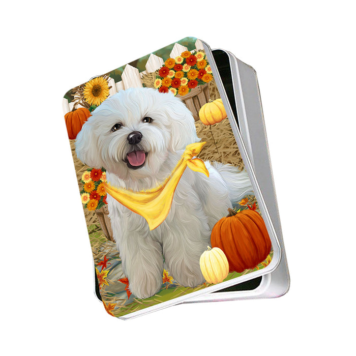 Fall Autumn Greeting Bichon Frise Dog with Pumpkins Photo Storage Tin PITN50688
