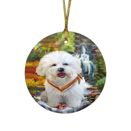 Scenic Waterfall Bichon Frise Dog Round Flat Christmas Ornament RFPOR49691