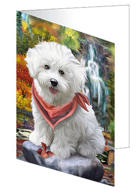 Scenic Waterfall Bichon Frise Dog Handmade Artwork Assorted Pets Greeting Cards and Note Cards with Envelopes for All Occasions and Holiday Seasons GCD53132