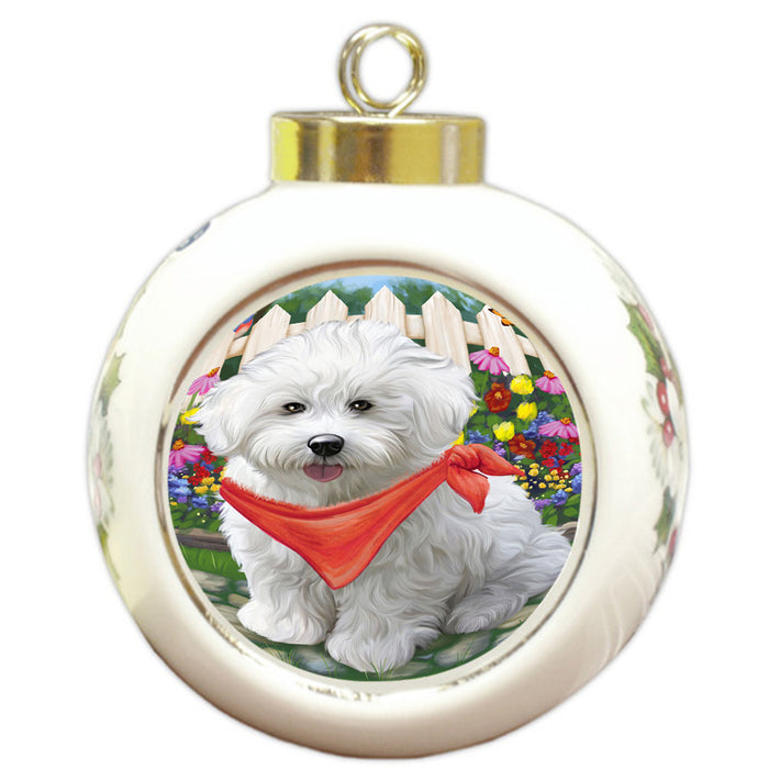 Spring Floral Bichon Frise Dog Round Ball Christmas Ornament RBPOR49794