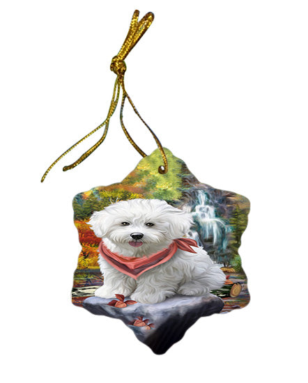 Scenic Waterfall Bichon Frise Dog Star Porcelain Ornament SPOR49693