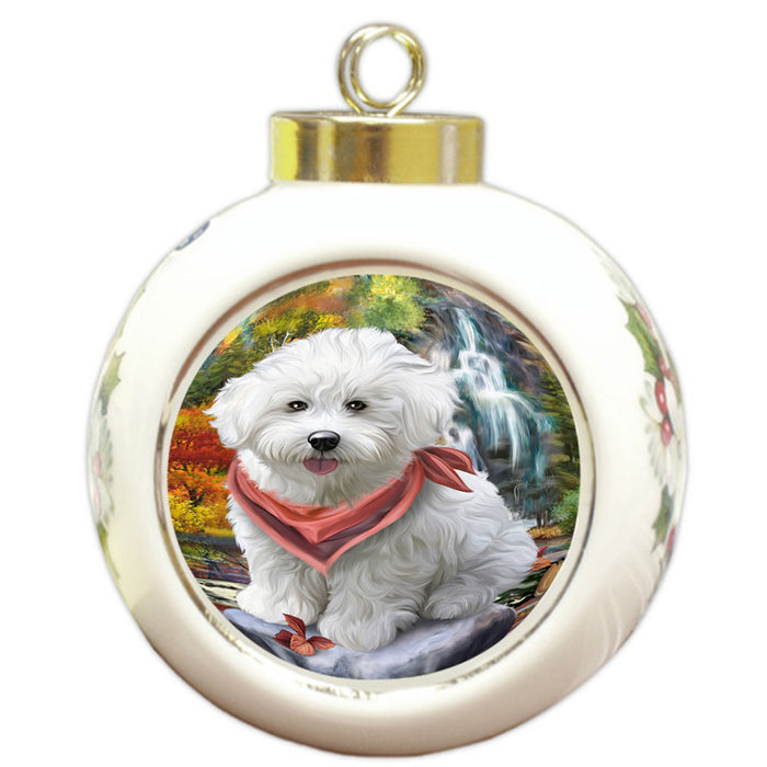 Scenic Waterfall Bichon Frise Dog Round Ball Christmas Ornament RBPOR49701