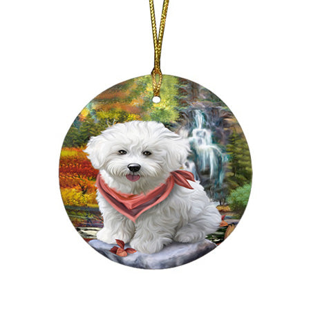 Scenic Waterfall Bichon Frise Dog Round Flat Christmas Ornament RFPOR49692