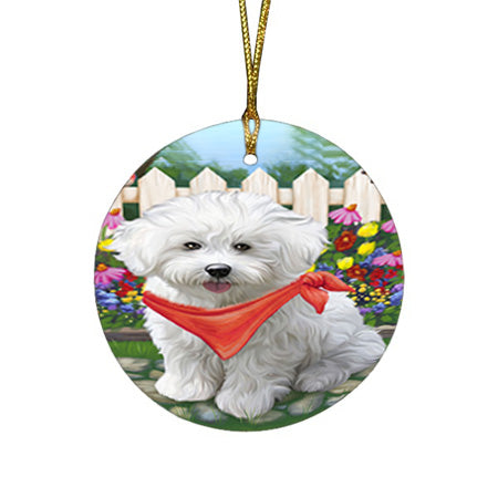 Spring Floral Bichon Frise Dog Round Flat Christmas Ornament RFPOR49785