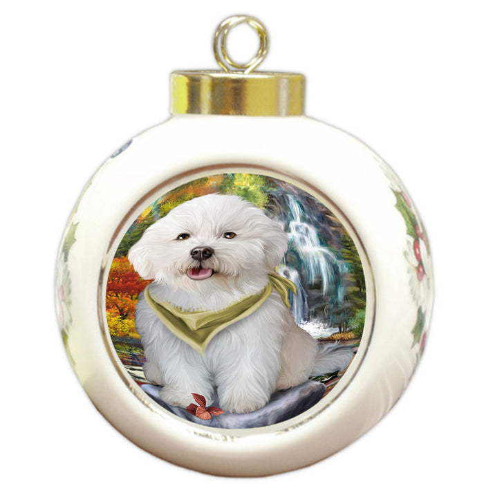 Scenic Waterfall Bichon Frise Dog Round Ball Christmas Ornament RBPOR49702
