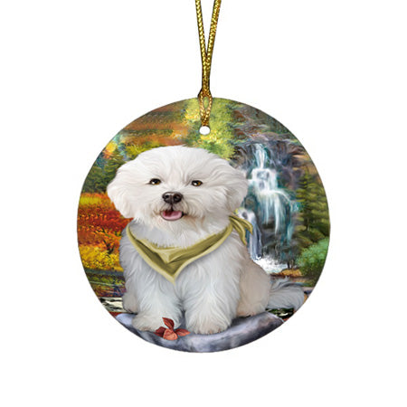 Scenic Waterfall Bichon Frise Dog Round Flat Christmas Ornament RFPOR49693