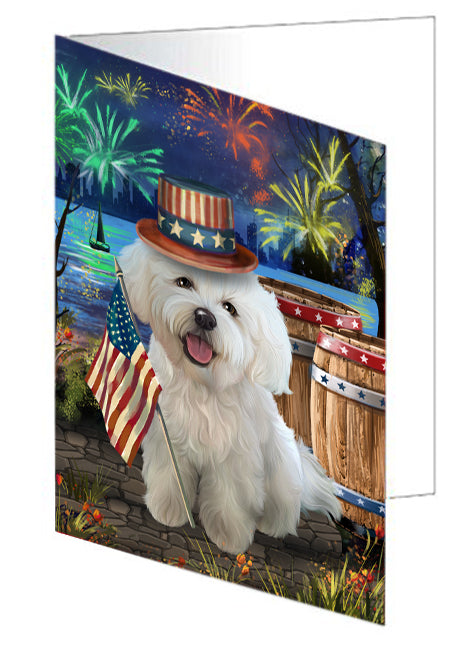 4th of July Independence Day Fireworks Bichon Frise Dog at the Lake Handmade Artwork Assorted Pets Greeting Cards and Note Cards with Envelopes for All Occasions and Holiday Seasons GCD56822